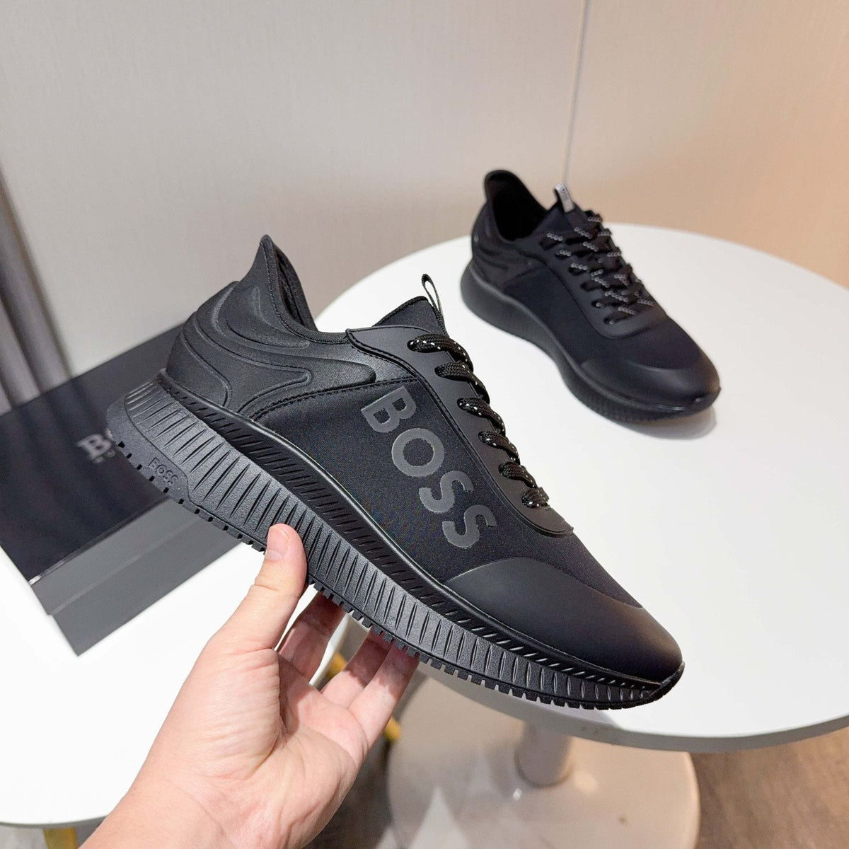 BOSS Black Knit-Look Low-Top Sneakers — model