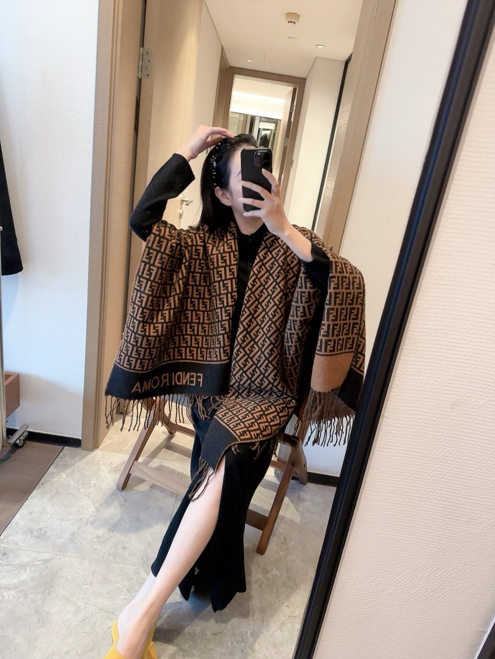 Fendi Brown and Black Fringed Cape — model