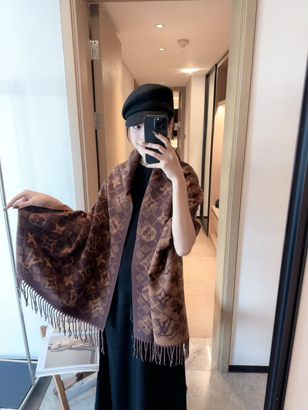 Louis Vuitton Dark Brown Fringed Patterned Scarf — model