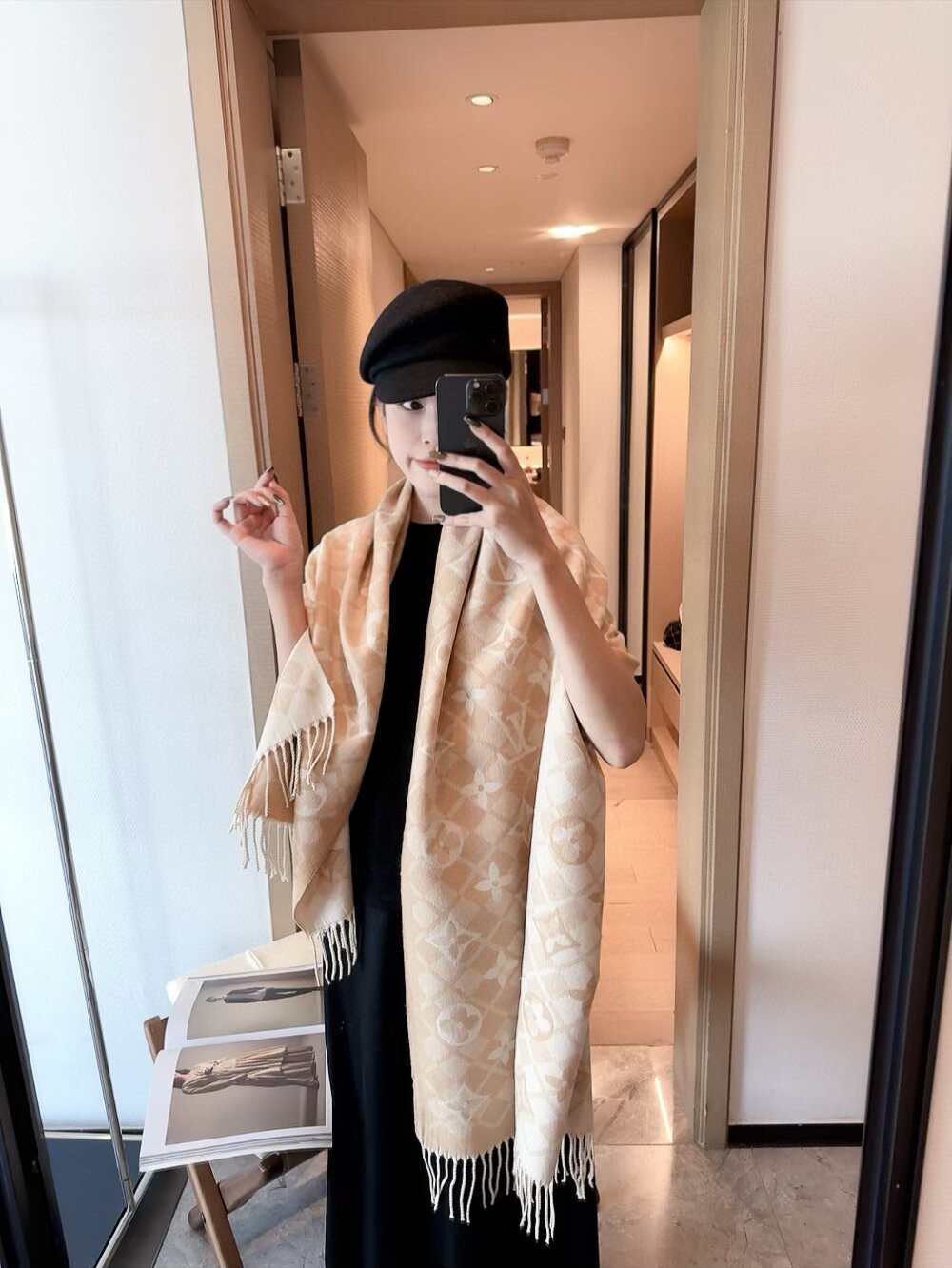 Louis Vuitton Dark Brown Fringed Patterned Scarf — model