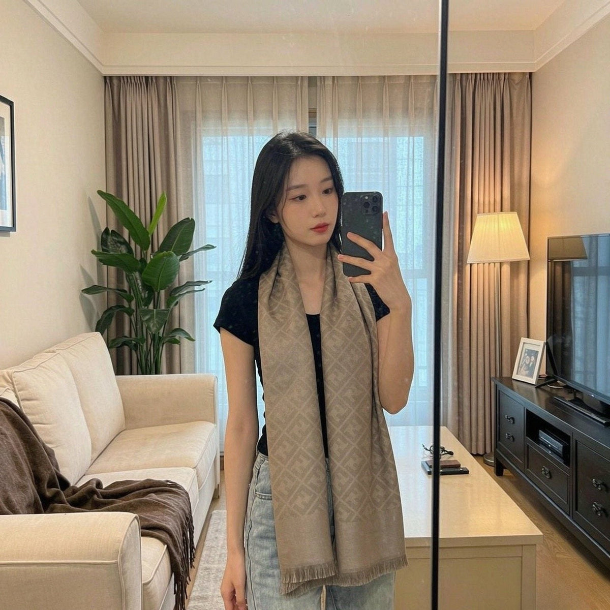 FENDI Fringed Geometric Monogram Scarf — model
